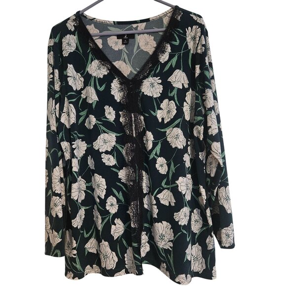 Jason Wu Women Floral LaceTrim Blouse XL Black Green Whimsygoth Boho Chic Light - Picture 2 of 10